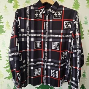 Men's Black and Red Geometric Pattern Shirt